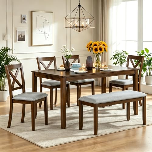 Image of LUMISOL 6 Piece Dining Table Set for 6, Solid Wood Kitchen Table with 4 Chairs and Bench, Farmhouse Dining Table Chair with Bench Set for Kitchen, Living Room, Walnut Grey