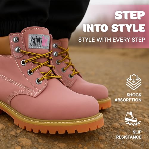 Image of Safety Girl Steel Toe Boots for Women - Pink - 7M | Water Resistant Women's Fusion Work Boots | Leather Work Boots | Rugged Goodyear Welt Construction | Oil Resistant Outsoles & Cushioned Insoles