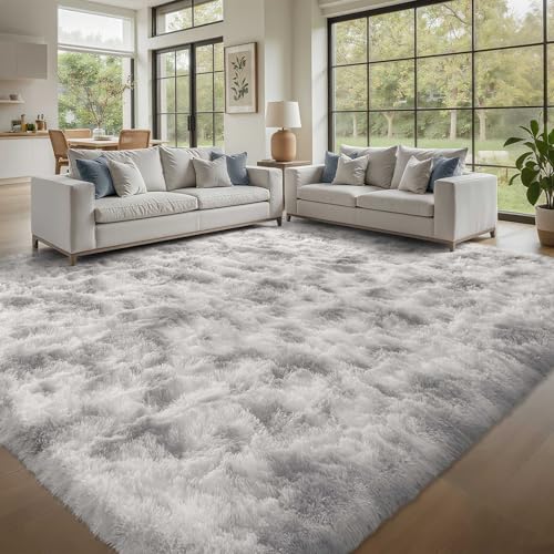 8x10 ft Rug for Living Room Fluffy Grey White Shag Rug Non-Slip Area Rugs Carpet for Bedroom Nursery Kids PlayRoom Dorm Office Indoor Modern Plush Carpets