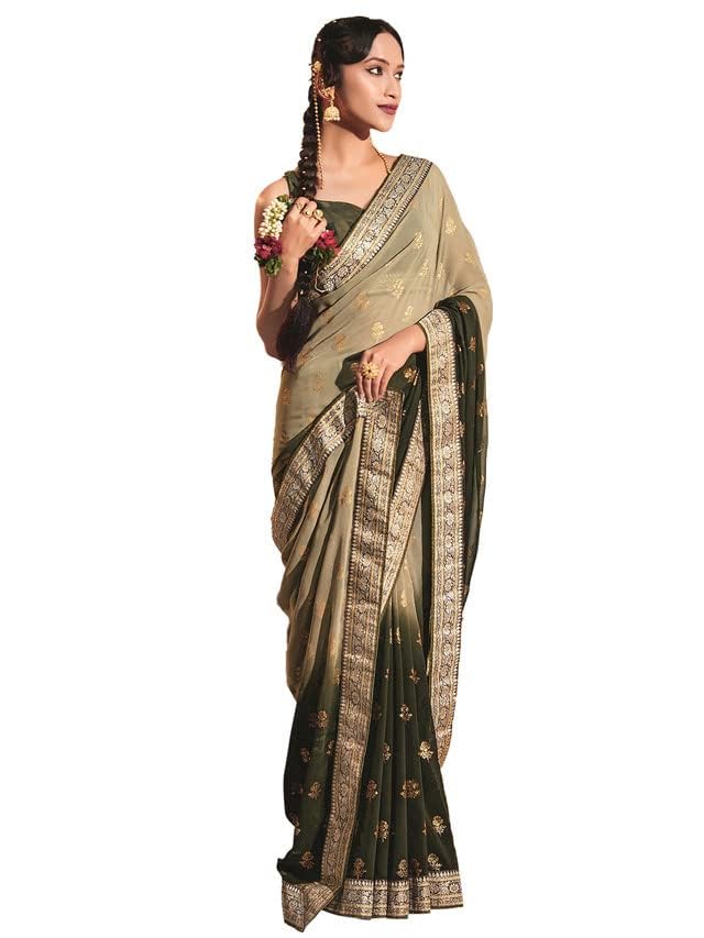Image of SIRIL Women's Lace & Foil Printed Georgette Saree with Unstitched Blouse Piece(2826S476 Mehndi Green, Dusty Green)