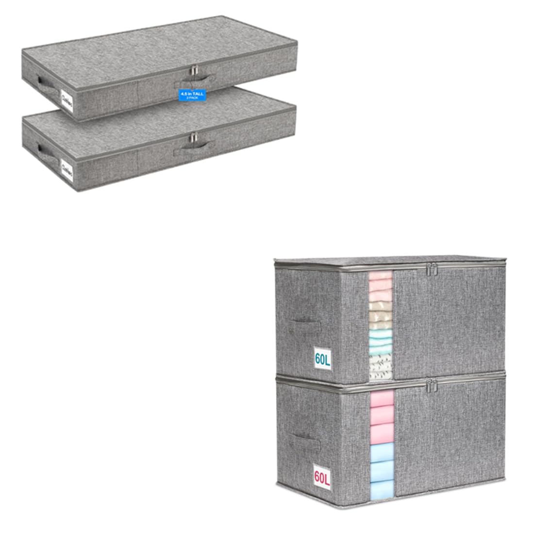 punemiUnder Bed Storage Containers, 2 Pack 4.5 Inch Tall Low Profile Underbed Clothes Storage Organizer Bin Large Clothes Storage Bags, 2 Pack Comforter Storage Bag with Sturdy Structure