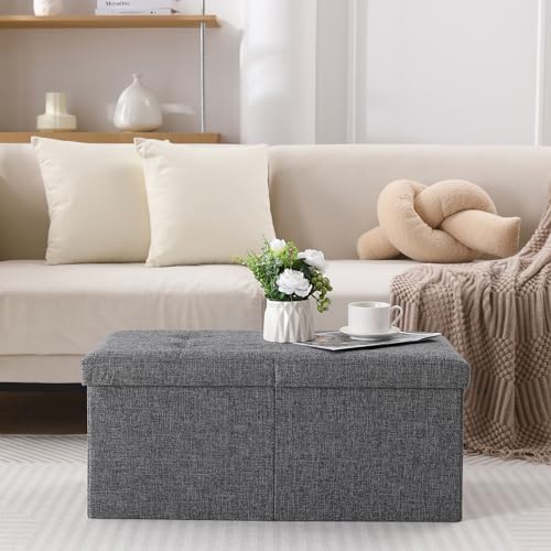 Image of Storage Ottoman Bench Foldable Footrest Foot Stool, 30 inch Fabric Grey | Small Ottoman Foot Rest Seat Shoe Bench Flip-Top forliving Room End of Bed Bedroom Couch Dorm, 80L Folding Upholstered Chair