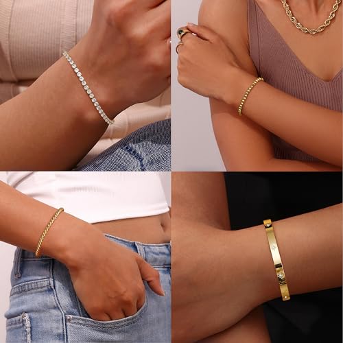 Fansilver Gold Bracelets for Women 14k Real Gold Bangle Cuff Bracelet Set Gold Plated Beaded Paperclip Cuban Chain Bracelet Cubic Zirconia Tennis Bracelet for Women Stack3