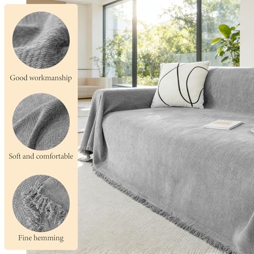 Jeté de canapé en chenille douce gris avec pompons pour lit