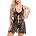 KEERADS Femme Nuisette Babydoll V-orné Ouverte Dentelle Transparent Tentations Bretelles Dos Nu avec String Nuisette Lingerie Robe de Nuit String(Medium,Noir)
