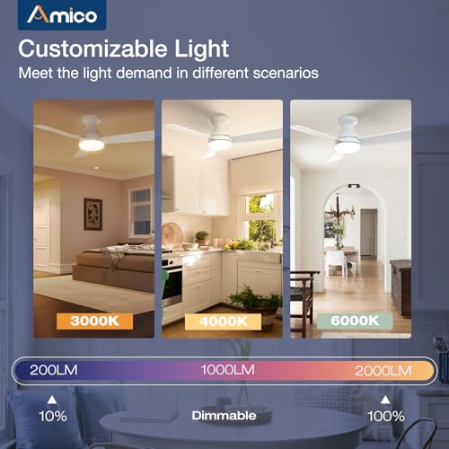 Image of Amico Ceiling Fans with Lights, 42 inch Low Profile Ceiling Fan with Light and Remote Control, Flush Mount, Reversible, 3CCT, Dimmable, Noiseless, White Ceiling Fan for Bedroom, Indoor /Outdoor Use