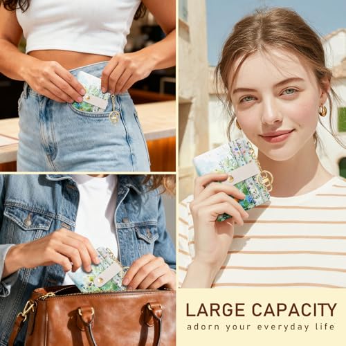 Image of Jogjam Floral Green Rfid Ladies Wallet, Small Slim Thin Compact Credit Card Women Wallet, Spring Flowers PU Leather Bifold Cash Zipper Coin Pocket ID Window for Female