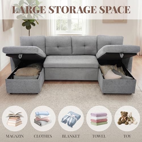 Image of Huatean Home Oversized Sleeper Sofa Couch, 100 inch 2 in 1 Pullout Couch Bed with Side Pockets for Living Room, Sectional Sleeper Sofa Bed with Double Storage Chaise, LightGrey