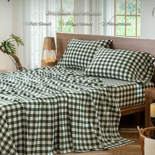 Image of MooMee Gingham Sheet Set 100% Washed Cotton Linen Like Textured Breathable Soft w /Fully Elasticized 16-19 inch Deep Pocket (Buffalo Plaid Forest Green, Queen)