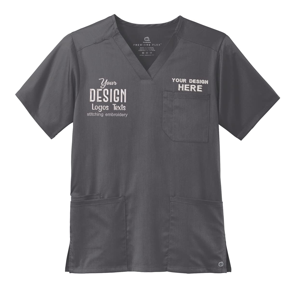 INK STITCH Unisex WW5068 Men Embroidered Logo Texts Premiere Flex V Neck Pocket Scrub Shirts - Pewter (S)
