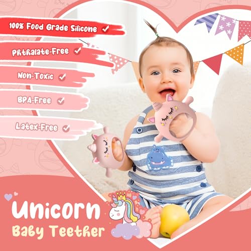 Image of Tinabless Teething Toys for Babies 6-12 Months, Unicorn Never Drop Silicone Teether Designed for Babies 0-6 Months, Car Seat Toy for New Born, Natural Organic Baby Teether for Boys & Girls, Pink