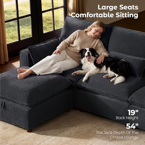 Image of WorthFurni Modern Modular Sectional Sofa,134 inch Sleeper Sofa Bed Sectional Cloud Couch with Storage Ottoman,Comfty 8 Seat Sofa for Living Room,Black Chenille