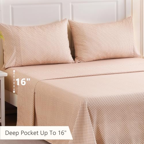 Image of MCO 4Pieces Polka Dot Sheets Set, Breathable King Sheet Set with 16 inch Deep Pocket, Modern & Luxury, Brushed Microfiber Bedding Set(King, Polkadot Beige)
