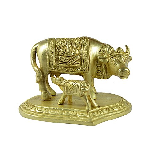 Aakrati Devyom Devyom Brass Cow with Calf - Lord Ganesha Carving on Saddle