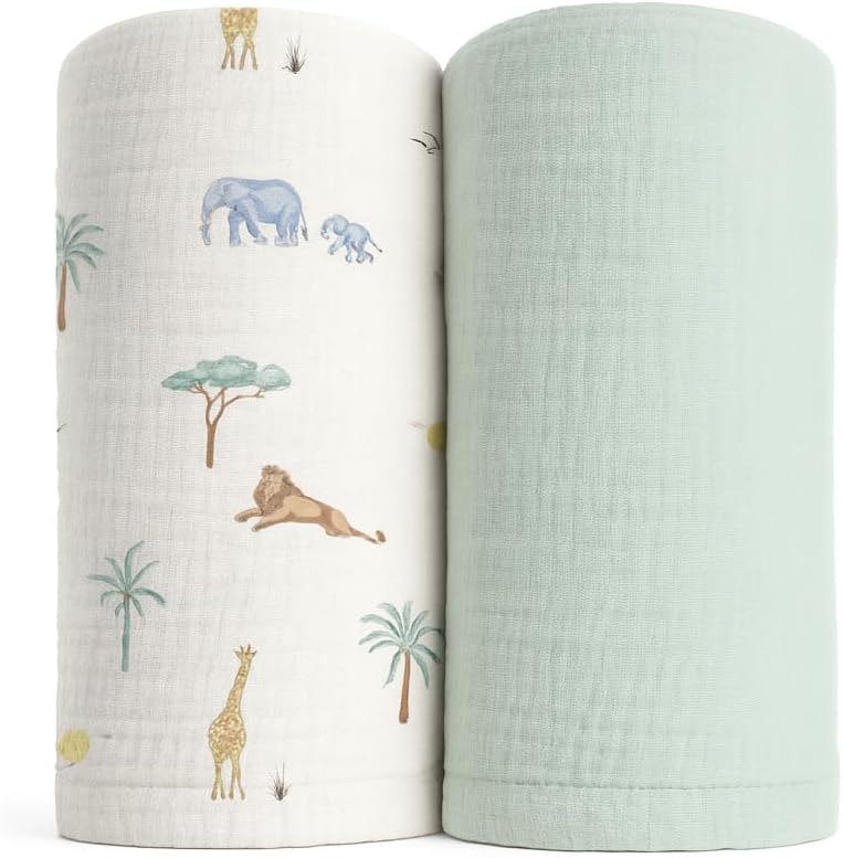Soft 100% Cotton Swaddles for Newborns, 2- Pack - Large, Breathable Baby Blanket - Versatile, Durable Muslin Swaddle Blankets - Perfect Newborn Essentials (Safari/Green)