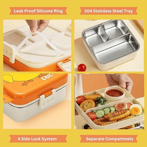 Image of Opullo Mother's Choice Stainless Steel Tiffin Box for School | Steel Lunch Box with Compartments | Stainless Steel Lunch Box for Kids | Big Size Steel Tiffin Boxes for Lunch | 1120 Ml | Orange