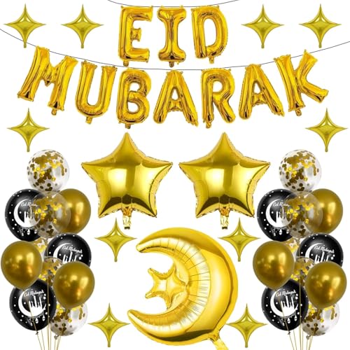 Eid Mubarak Decorations Set - Black and Gold Ramadan Party Supplies including Banner Balloons for Muslim Islamic Eid Al-Fitr Home Wall Decor (gold)