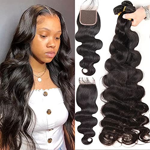 24 26 28 30 with 20 Closure Long Silky Body Wave 4 Bundles With 4x4 Lace Closure Free Part Unprocessed Virgin Hair Wave Weave Brazilian Body Wave Bundles Human Hair Extensions Natural Color