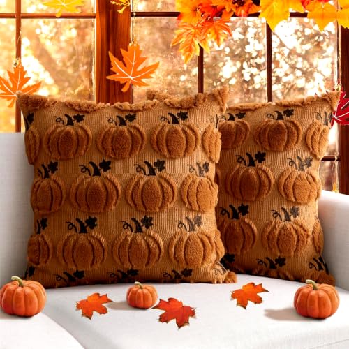 Thmyo Fall Pillow Covers 18x18 inch 2Pcs Caramel Pumpkin Fall Decorations