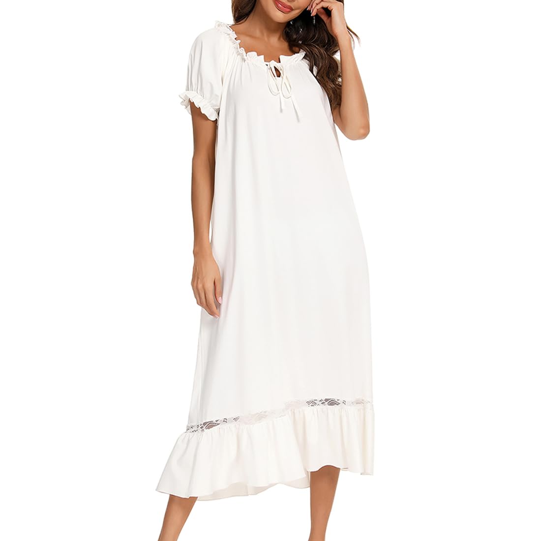 Citridarll Women's Nightgown Victorian Nightwear Short Sleeve Vintage Pajama Dress Soft Cotton Loungewear, White, Medium