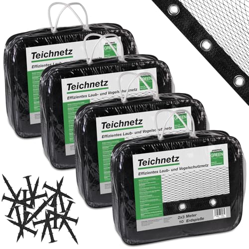 Abdecknetz (5x6m) schwarz mit Erdspießen | feinmaschig (10x10mm) mit stabilem Rand | Teichabdeckung für einen laubfreien Teich | Vogelschutznetz für Gartenteich