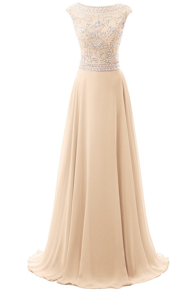 Women's Long Chiffon Bridesmaid Dress Cap Sleeves Beaded Prom Eveing Gown Champagne US 24Plus
