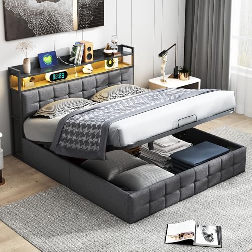 DADEA Cama Tapizada 140x200 con Almacenaje, Cama Doble Matrimonio Moderna LED USB, Camas Matrimoniales Tapizadas con CanapéCama Canape 140x200 con Cabecero Camas Adultos con Somier, Sin colchón