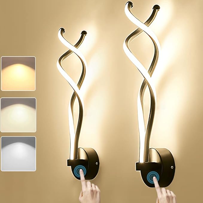 KZT 2 Stuks Wandlamp met Touch Switch LED Dimmable Muurlamp Modern Spiraal Ontwerp Bedlamp 20W Indoor Metalen Hallamp Wandverlichting voor Slaapkamer Woonkamer Trap Kantoor Hotel, Zwart