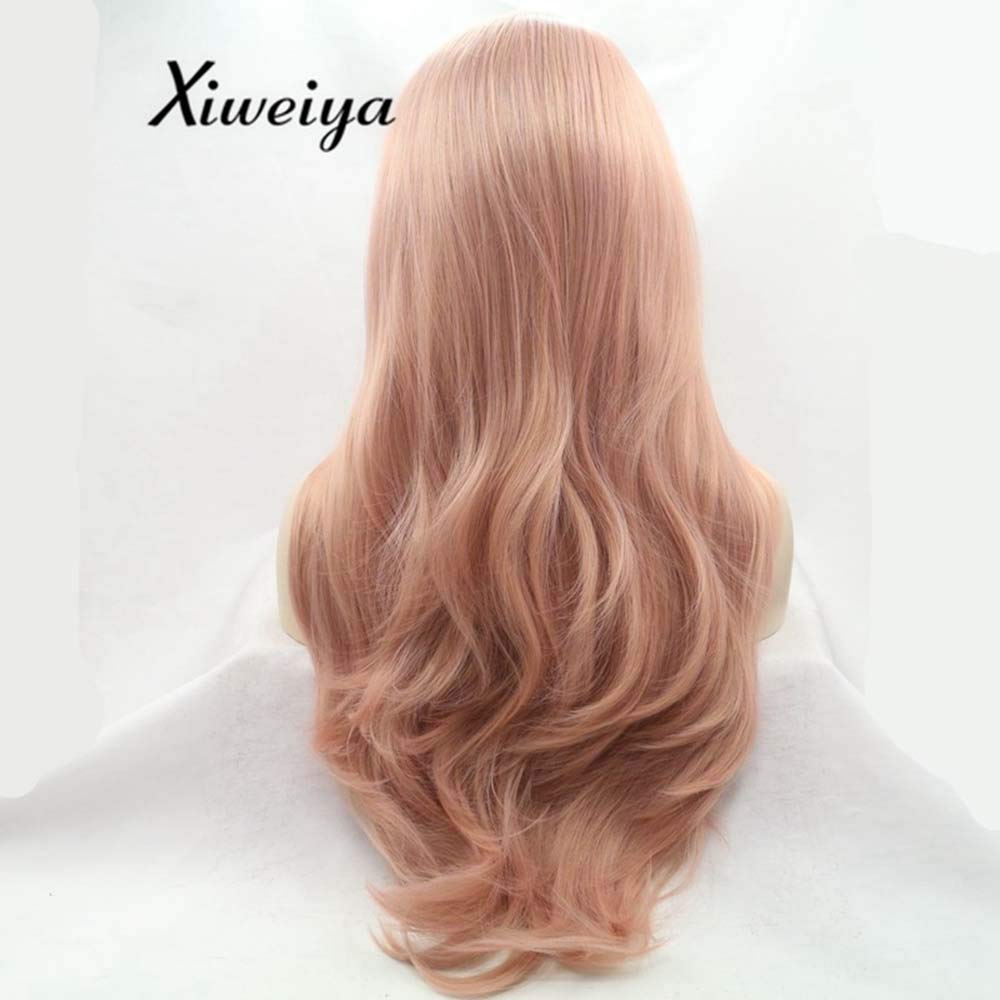 xiweiya 13x4 Pink Long Wavy Lace Front Wigs Rose Gold Mixed Color Glueless Half Hand Tied Synthetic Lace Wig Heat Resistant Hair Replacement Wigs for Women 22 Inches