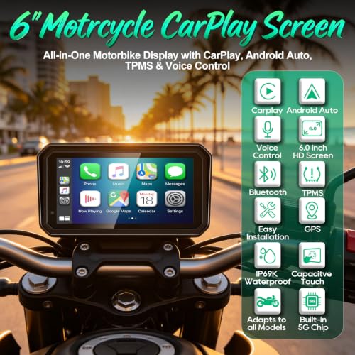 Image of YZW 6 Inch Motorcycle Carplay, GPS Navigation with Android Auto, Siri & Google Assistant /USB Cable /Bluetooth 5.2 /TMPS /Anti-Glare /Voice Control /IP69K Waterproof Touchscreen /Light Sensor /Magnetic Mount