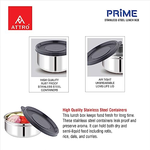 Image of ATTRO Prime Stainless Steel Single Wall Storage Containers Airtight & Leak Proof Containers for Office Use, School, Picnic, 250ml - Black-Set Of 4