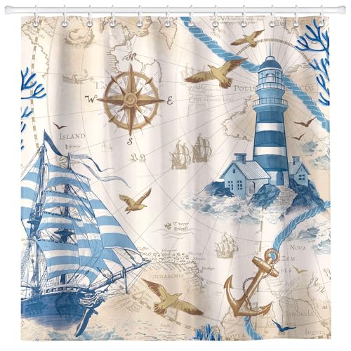Arquiel Rideau De Douche, Bateau à Voile Style Nautique Lavable 182x182 cm Imperméable Polyester Rideau De Bain pour Baignoire, Salle De Bain Décor avec...