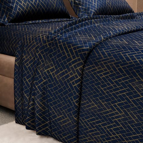 Image of Stoa Paris 300TC UltraSatin Printed Double Bedsheet with 2 Pillow Covers, Gentle on Skin & Hair, Wrinkle & Fade Resistant, Aesthetic Home Decor, Gift for Couple, Starlit Night - Navy (228cm x 254cm)