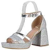VAN HILL Damen Plateau Sandaletten Party Blockabsatz Schuhe Glitzer Absatzschuhe Elegante Abendschuhe Plateauschuhe 208565 Silber 37