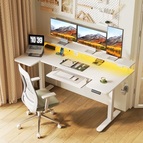 Image of OffiGo U Shaped Electric Standing Desk with Keyboard Tray, 63 Inch Height Adjustable Desk with Power Outlets & LED Lights, Sit Stand Table with Monitor Stand for Home, Office, White