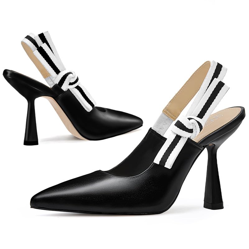 Image of HOCHFART Women's Slingback Kitten Heels Closed Pointed Toe Slip On Pumps | Bowknot, Elastic Slingback Strap, Office, Wedding, Bridal, Formal, Events, Church, Gathering, Casual Outing