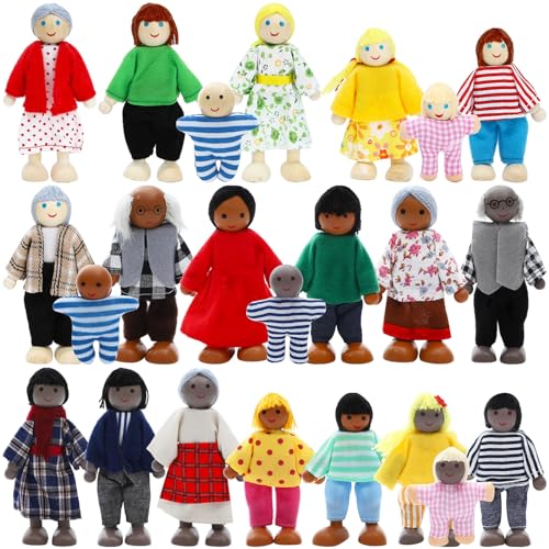 ONEST 23 Pieces Wooden Dollhouse Family Set Mini People Figures Dollhouse Dolls Wooden Doll Family Pretend Play Figures Accessories for Pretend Doll House Toy