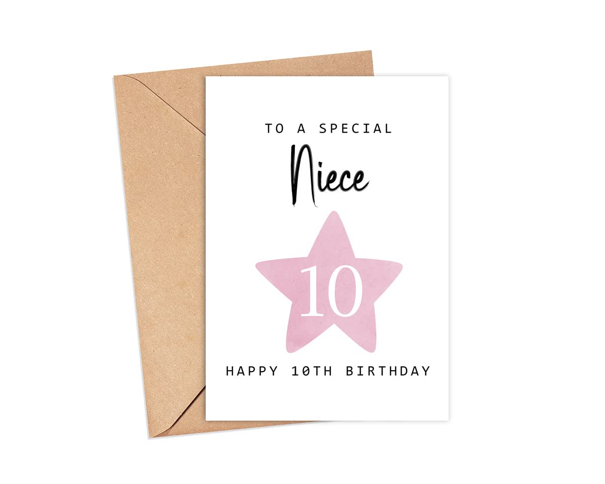 MoltDesigns To A Special Niece - Happy 10th Birthday Card - Age 10 - Ten Year Old - Pink Cute Baby Girl Tenth Birthday Card Gift for Kids - Daughter -