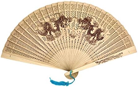 SPG Wooden Folding Fan Hand-Crafted Japanese/Chinese Vintage Style or Wedding Decoration, Birthdays, Home Gifts (Dragon)