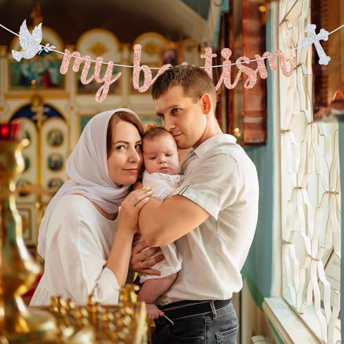 Image of Goilpanitdia My Baptism Banner, Religious Baptism Baby Shower Banner | Rose Gold Glitter, Bless This Child, God Bless, Confirmation, Christening, Baby 1st Birthday Supplies