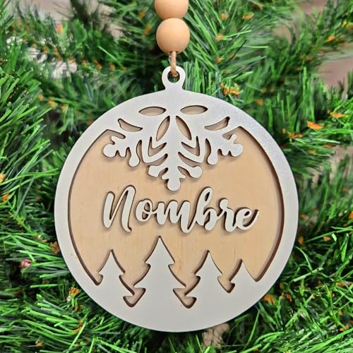 Bolas de Navidad Personalizadas de Madera con Nombre | Decoración Navideña | Adornos para el Árbol | Cuerda Incluida | Color Nogal y Madera Natural (Madera natural, Copo arbol)