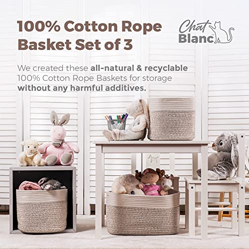 CHAT BLANC Cotton Rope Baskets for Organizing | 15”x10”x9” Storage Baskets for Shelves | Small Laundry Woven Baskets for Storage, Dog Toy Bin, Baby Basket,Off White&Brown 3 Pack - Image 4