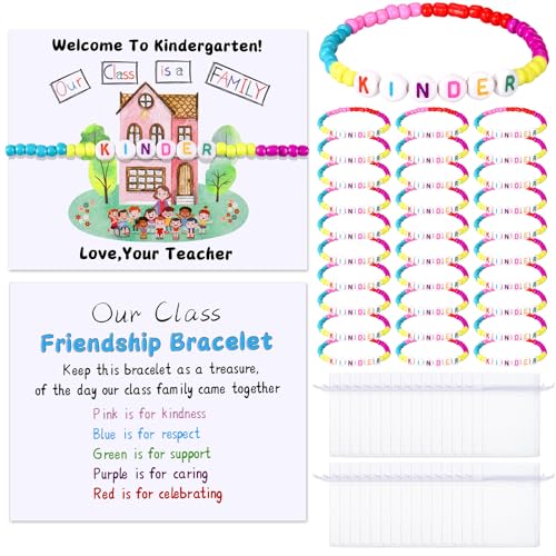 XunYee 32 Sets Back to School Gifts for Student Include Our Class Is a Family Greeting Card and First Day of School Bracelet with Bags Letter Bracelet for 1st Day of Classroom (Kindergarten)