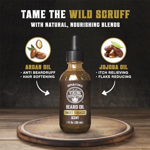 Image of Viking Revolution Sweet Tobacco Beard Oil for Men - Natural Mens Beard Oil with Argan Oil and Jojoba Oil - Beard Softener, Strengthens and Moisturizes - Beard Conditioner for Men (Sweet Tobacco,1Pack)