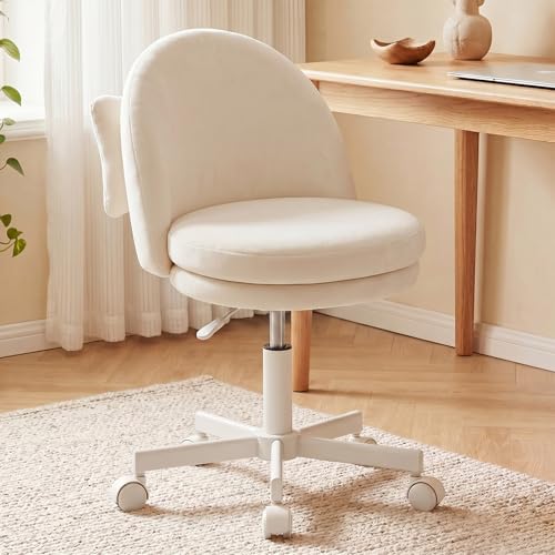 Image of GTPLAYER Velvet Tall Office Chair with Wheels Vanity Chairs with Back, Versatile Height Use: Office to Bar Stools Small Ergonomic Comfy Armlees Computer Desk Chair with Bow Lumbar Pillow for Gift