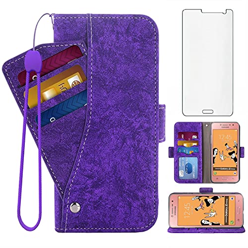 Asuwish Compatible with Samsung Galaxy Grand Prime J2 Prime Wallet Case and Tempered Glass Screen Protector Card Holder Stand Cell Accessories Leather Kickstand Phone Cases for Glaxay 2 2J Plus Purple