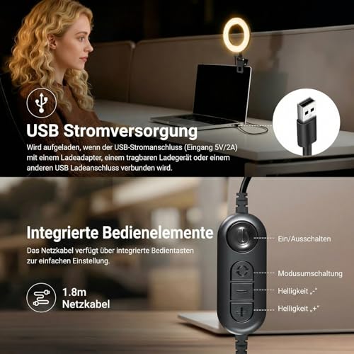 NEEWER BASICS 5' Ringlicht mit Klemme und Mini Stativ, 10W 3000k-6000K Dimmbares Ansteckleuchte für Laptop Computer Monitor Videokonferenzen Selfie, Vlog Makeup, Live Streaming, Videoaufnahmen, BR60