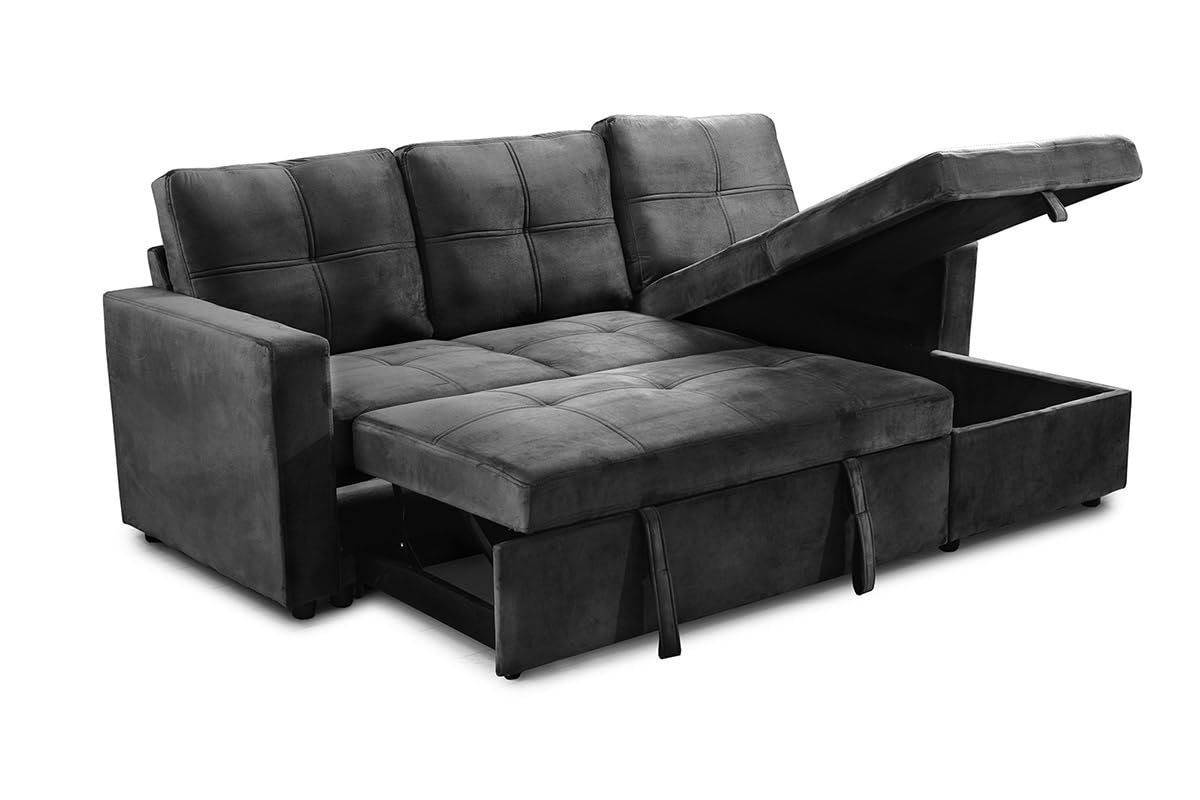 Sofá Cama Chaise Longue BOGA 3 Plazas Negro Terciopelo 215 x 135 cm - Cheslong Reversible con Arcón y Almacenamiento - Sistema de Arrastre - Tapizado Elegante - Armazón Pino Macizo - Salón