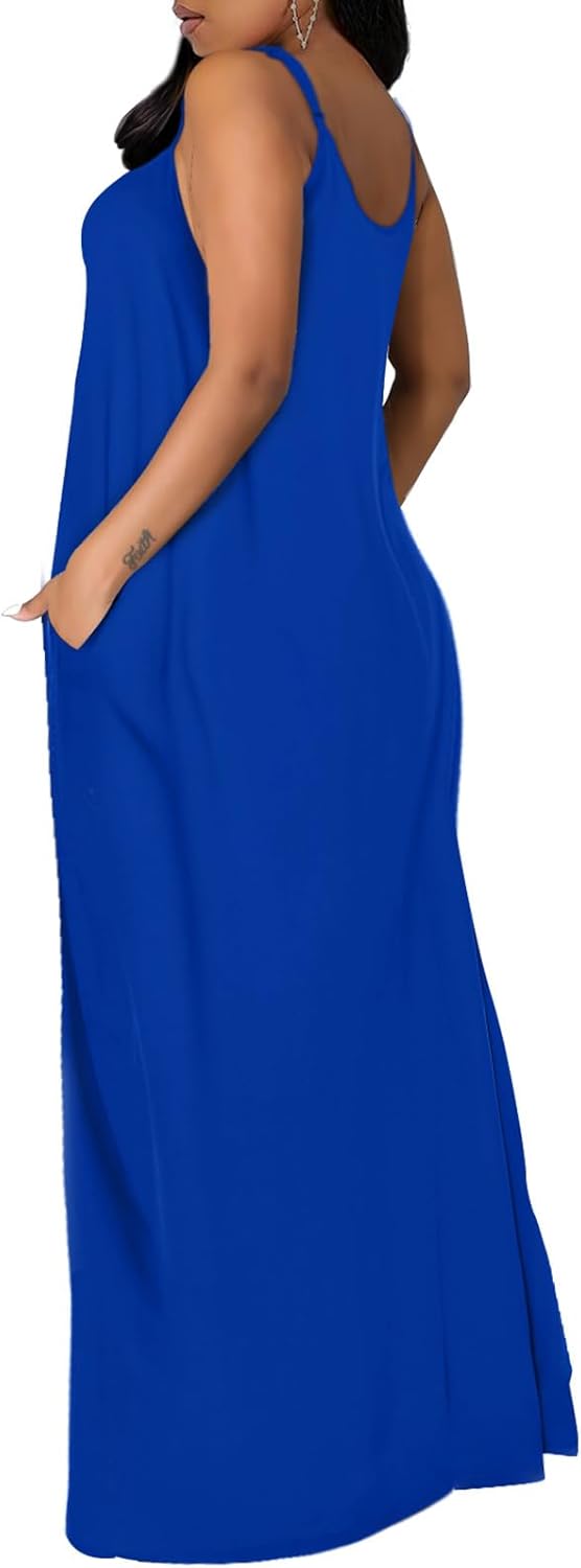 OFEEFAN Women's Maxi Dresses Summer Spaghetti Strap Dress with Pockets - Image 4
