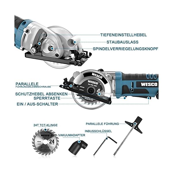 WESCO Mini Handkreissäge Akku, 18V Mini Kreissäge, mit 2,0Ah Akku, 24T 85 mm TCT Sägeblatt, Schnitttiefe 0-27 mm (90… – Bild 6